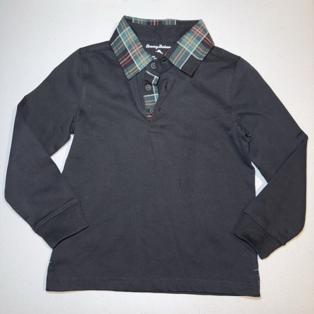 Tommy Bahama Boy’s Black Long Sleeve Top With Plaid Collar Size XS, 4